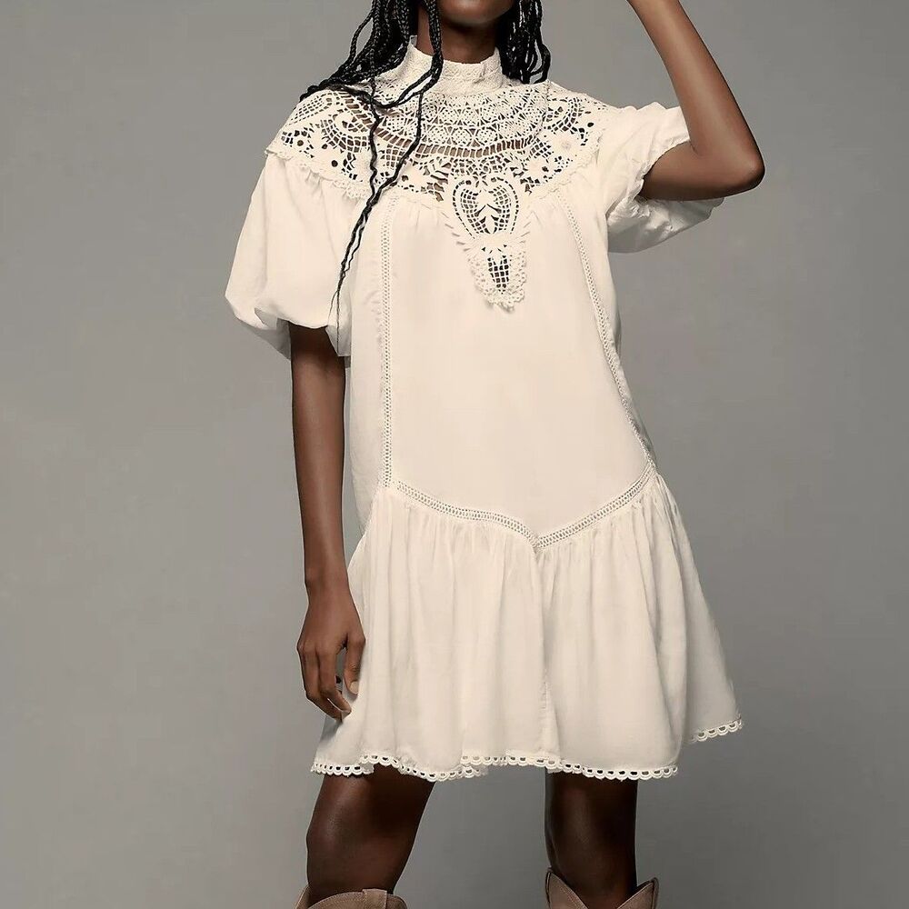 By Anthropologie High-Neck Crochet Lace Tunic Mini Dress Short Sleeve XL 291474